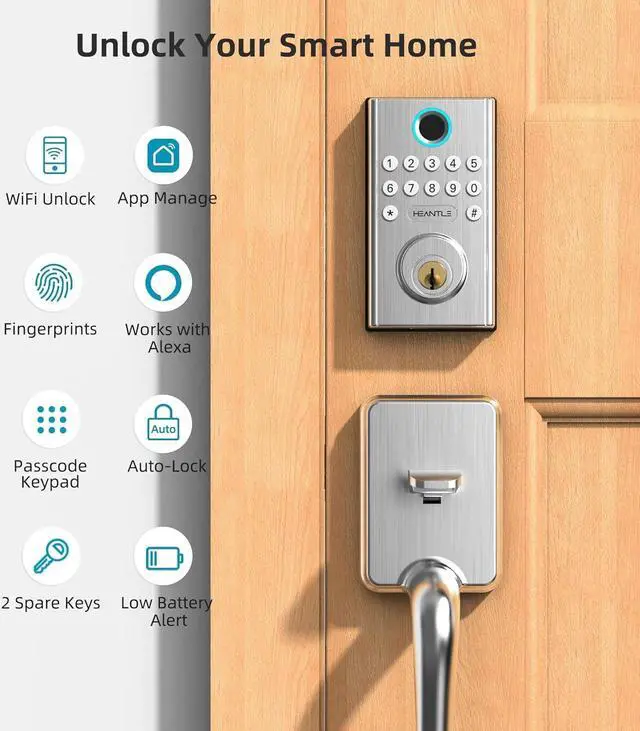 Alt view image 5 of 7 - WiFi Deadbolt Smart Lock Fingerprint - HEANTLE Keyless Entry Keypad Door Locks Electronic Digital Front Door Locks Bluetooth Auto Lock Deadbolt Alexa APP Remote Control SILVER