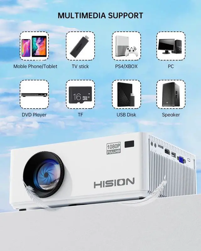 Alt view image 4 of 7 - HISION Mini Projector Native 1080P Outdoor Movie Projector, 8000L Portable Home Theater 4K Support Video Projector Compatible with TV Stick, HDMI, VGA, USB, Laptop, DVD, iOS & Android Smartphone