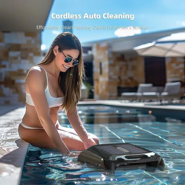 Alt view image 2 of 7 - Solar Pool Skimmer Robot: SR5 PRO Automatic Pool Surface Skimmer with Solar Powered 24/7 Continuous Cleaning Robotic Pool Skimmer, Two Speed Modes, Dual Charging, Black