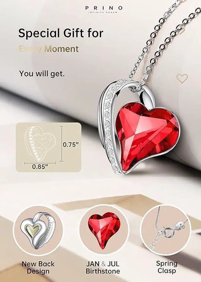 Alt view image 4 of 5 - Necklace for Women with Birthstone Crystals, Love Heart Pendant and Silver Plated Chain,Perfect Anniversary, Birthday,or Valentines Day Jewelry Gifts