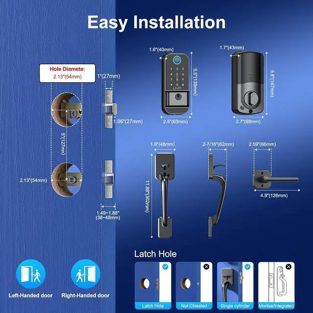 Alt view image 7 of 7 - Keyless Entry Door Lock Deadbolt with Handle Set - Fingerprint WiFi Smart Deadbolt, Digital Remote Control Keypad Bluetooth Alexa Lockset with Auto Lock Code Key Fob App Black