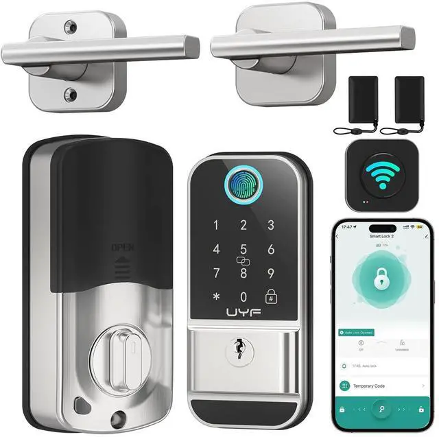Main image of SMONET WiFi Smart Lock for Front Door: Silver Keyless Entry Door Lock Deadbolt with Handle Set Fingerprint Electronic Keypad Door Lock Alexa Bluetooth Remote Control Code Auto Lock for Home Apartment