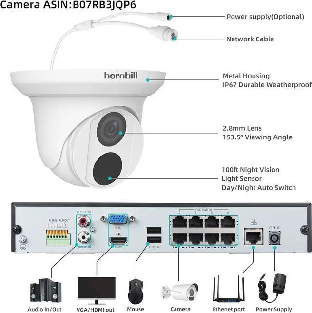 Alt view image 3 of 7 - HORNBILL 4K Security Camera System - 4pcs 4K PoE Security Cameras Wired, 8MP 8CH NVR with Pre-installed 2TB HDD for 24 Hours Recording Night Vision IP67 Waterproof 153° Wide View Angle