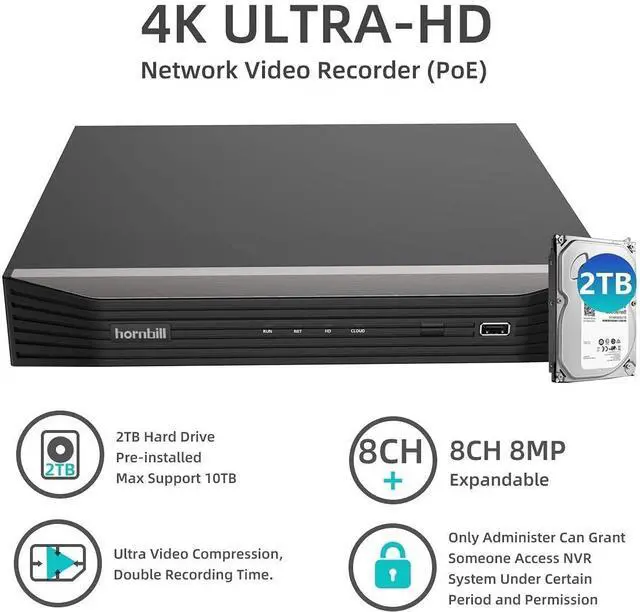 Alt view image 7 of 7 - HORNBILL 4K Security Camera System - 4pcs 4K PoE Security Cameras Wired, 8MP 8CH NVR with Pre-installed 2TB HDD for 24 Hours Recording Night Vision IP67 Waterproof 153° Wide View Angle