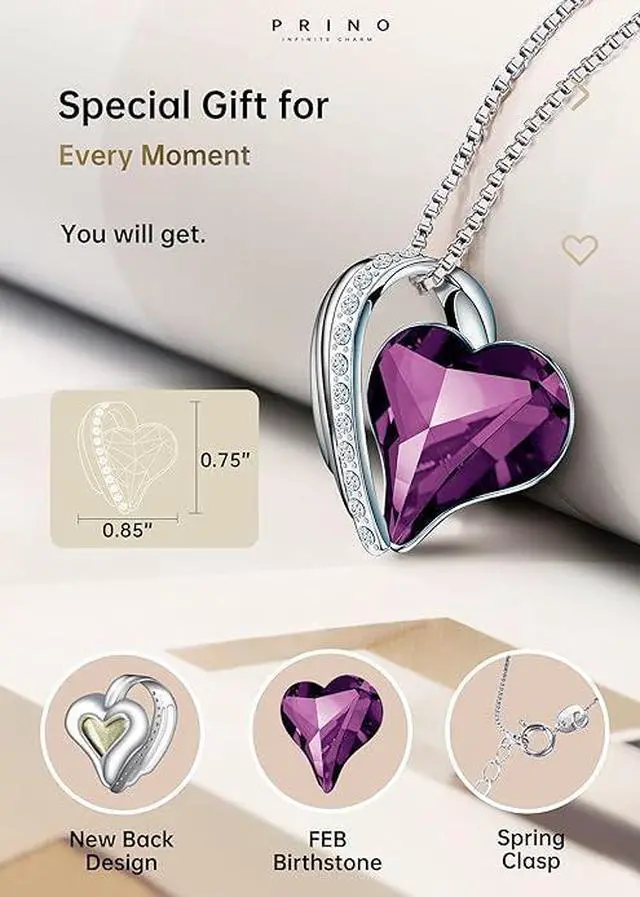 Alt view image 3 of 6 - Necklace for Women with Birthstone Crystals, Love Heart Pendant and Silver Plated Chain,Perfect Anniversary, Birthday,or Valentines Day Jewelry Gifts for Women,Wife, Mom,or Girlfriend Purple