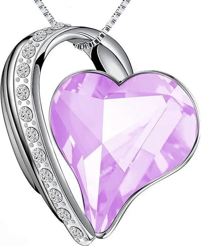 Main image of Necklace for Women with Birthstone Crystals, Love Heart Pendant and Silver Plated Chain,Perfect Anniversary, Birthday,or Valentines Day Jewelry Gifts for Women,Wife, Mom,or Girlfriend Light Purple