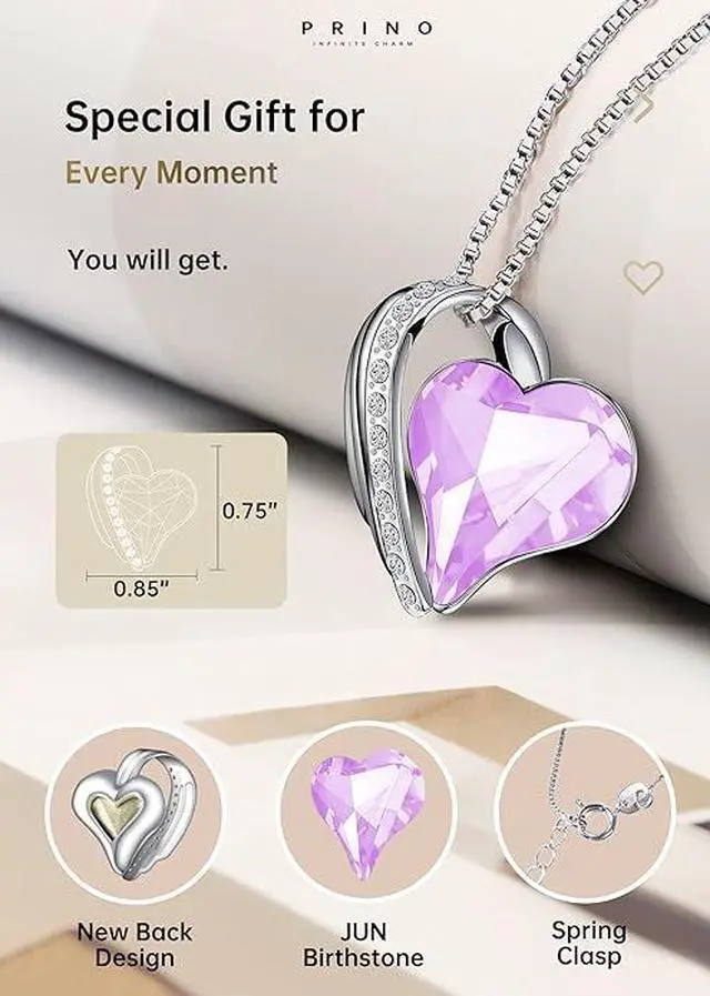 Alt view image 3 of 6 - Necklace for Women with Birthstone Crystals, Love Heart Pendant and Silver Plated Chain,Perfect Anniversary, Birthday,or Valentines Day Jewelry Gifts for Women,Wife, Mom,or Girlfriend Light Purple