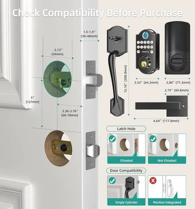 Alt view image 7 of 7 - Keyless Fingerprint Door Lock Set: HEANTLE WiFi Front Door Lock with Handles - Alexa Smart Electronic Digital Keypad Deadbolt Sets App Remote Control