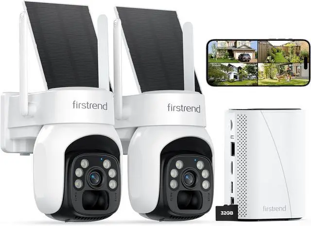 Main image of FIRSTREND Solar Security Cameras Wireless Outdoor, 2K Color Night Vision, Human Auto Tracking, Two-Way Audio, 2.4G/5GHz WiFi Home Security Camera System, No Monthly Fee, IP65 Waterproof, 2 Camera Kit