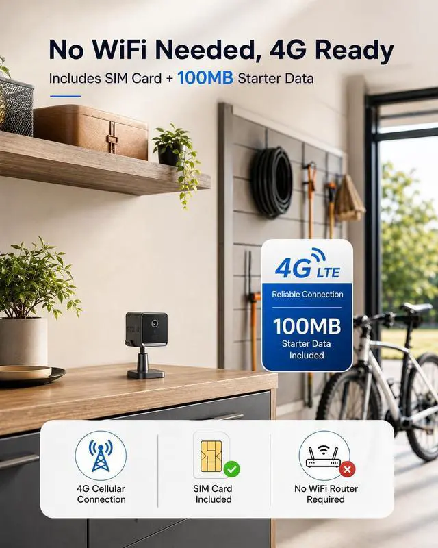 Alt view image 2 of 7 - 4G LTE Cellular Security Camera, No WiFi 2K HD Indoor Surveillance Camera with Built-In SIM Card for Remote Viewing, PIR Motion Detection Auto Night Vision Real-Time Alerts, Portable Battery Camera