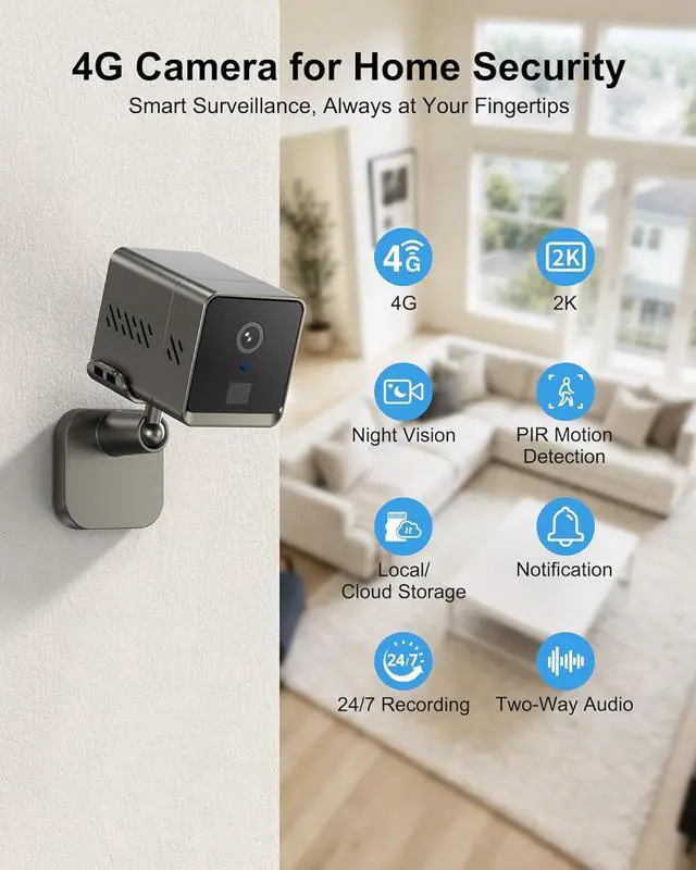 Alt view image 4 of 7 - 4G LTE Cellular Security Camera, No WiFi 2K HD Indoor Surveillance Camera with Built-In SIM Card for Remote Viewing, PIR Motion Detection Auto Night Vision Real-Time Alerts, Portable Battery Camera
