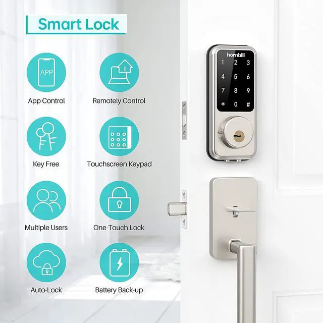 Alt view image 3 of 7 - Wi-Fi & Bluetooth Smart Lock, Keyless Entry Smart Front Lock, Hornbill Touch Screen Keypads, App Control, Auto Lock, Compatible with Amazon Alexa, Remotely Control (Included G2 Gateway)