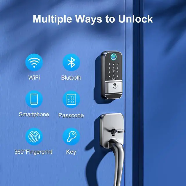 Alt view image 2 of 7 - Smart Door Lock Keyless Entry Set, WiFi Fingerprint Deadbolt with Handle and Gateway, 12-in-1 Electronic Biometric Keypad, Alexa Compatible, IP65 Waterproof, Silver, 1 Pack