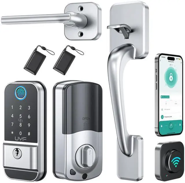 Main image of Smart Door Lock Keyless Entry Set, WiFi Fingerprint Deadbolt with Handle and Gateway, 12-in-1 Electronic Biometric Keypad, Alexa Compatible, IP65 Waterproof, Silver, 1 Pack