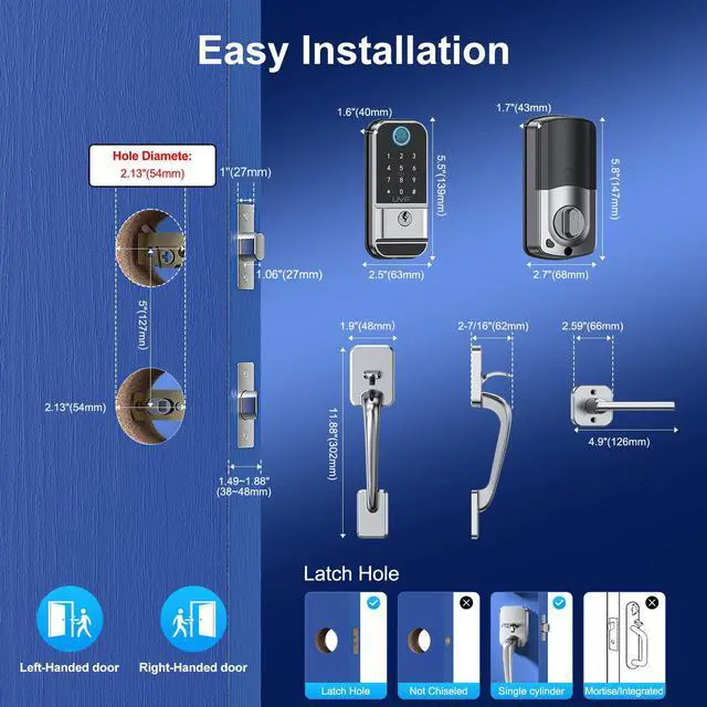 Alt view image 7 of 7 - Smart Door Lock Keyless Entry Set, WiFi Fingerprint Deadbolt with Handle and Gateway, 12-in-1 Electronic Biometric Keypad, Alexa Compatible, IP65 Waterproof, Silver, 1 Pack