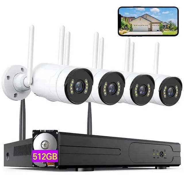 Main image of 2MP WiFi Security Camera System, 4-Camera Kit with 4-Channel NVR, 512GB Hard Drive, Night Vision, IP66 Waterproof, No Monthly Fee