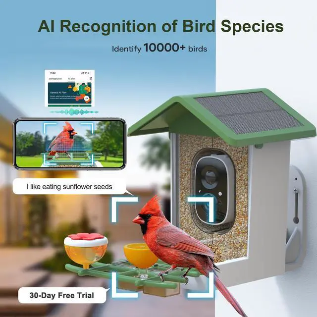 Main image of Smart Bird Feeder with Camera, Solar Powered Birdhouse Camera with AI Bird Recognition, Outdoor Wireless WiFi Bird Feeder with Live Video, Fun Gift for Mom, Grandma, Daughter