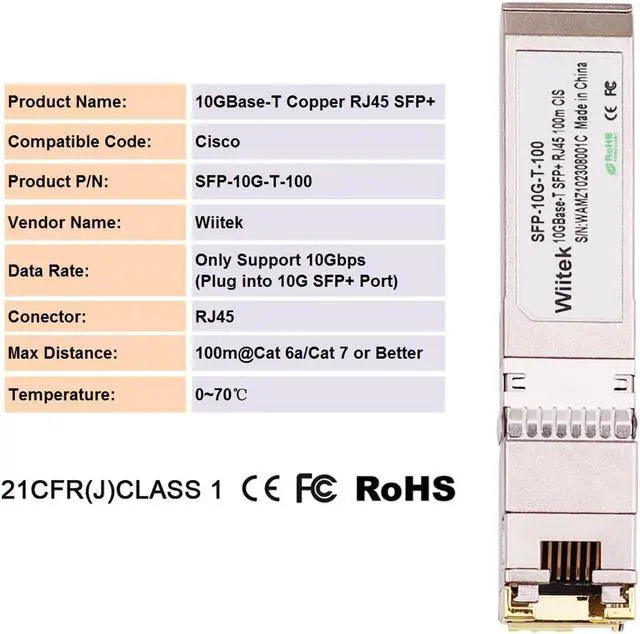 Alt view image 3 of 6 - Wiitek 10Gbps SFP+ to RJ45 Modules, 10GBase-T SFP+ Copper Transceiver (Cat 6a/7 or Better, 100-Meter), Compatible for Cisco SFP-10G-T-X, Ubiquiti, Netgear, Mikrotik, Unifi, Low Power Consumtion