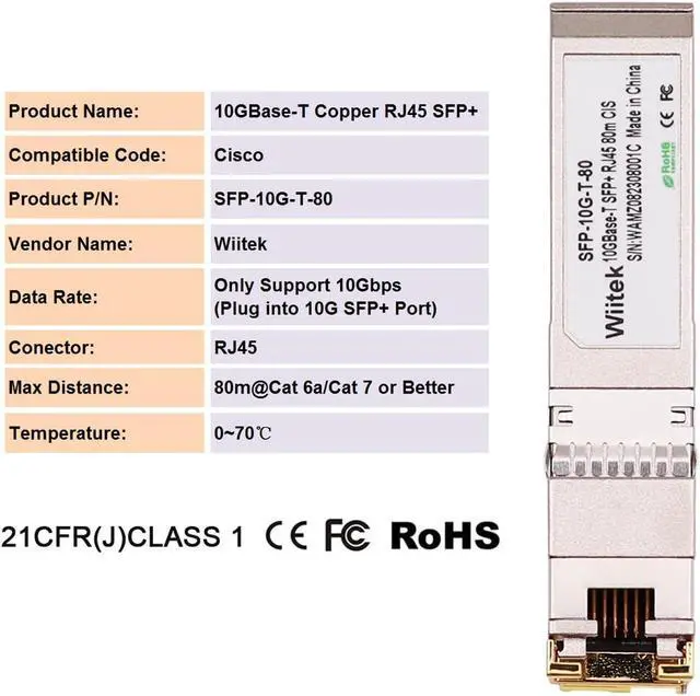 Alt view image 3 of 6 - Wiitek 10Gbps SFP+ to RJ45 Modules, 10GBase-T SFP+ Copper Transceiver (Cat 6a/7 or Better, 80-Meter), Compatible for Cisco SFP-10G-T-X, Ubiquiti, Netgear, Mikrotik, Unifi and More