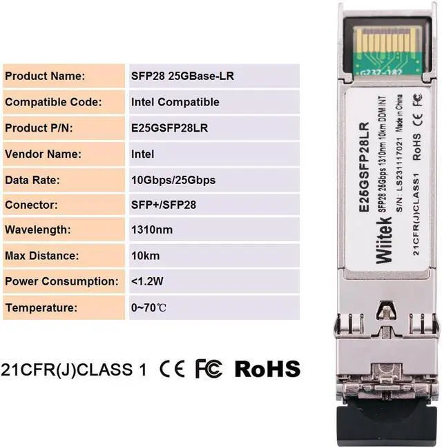 Alt view image 2 of 5 - Wiitek 25G SFP28 SFP+ Optical Transceiver, 25GBase-LR Duplex LC SMF Module, 1310nm, DDM, up to 10km for Intel E25GSFP28LR