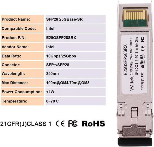 Alt view image 2 of 5 - Wiitek 25G SFP28 SFP+ Optical Transceiver, 25GBase-SR Module, 850nm MMF, up to 100meters, Compatible for Intel E25GSFP28SRX