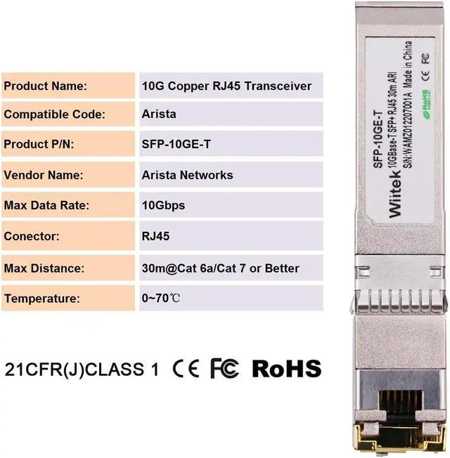 Alt view image 2 of 7 - Wiitek SFP+ to RJ45 Copper Modules, 10GBase-T Transceiver Compatible for Arista SFP-10GE-T(Cat 6a/7 or Better, 30-Meter)