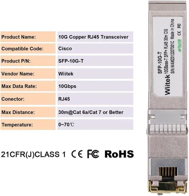 Alt view image 3 of 6 - Wiitek SFP+ to RJ45 Copper Modules, 10GBase-T Transceiver Compatible for Cisco SFP-10G-T-X, Ubiquiti, Netgear, Mikrotik, Unifi (Cat 6a/7 or Better, 30-Meter), Backward Work for 5GBase-T, 2.5GBase-T