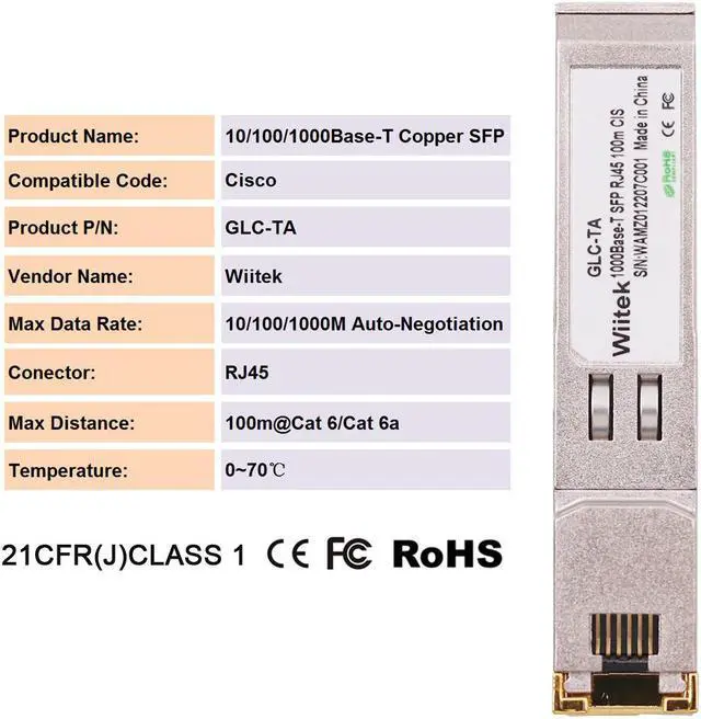 Alt view image 3 of 5 - 1.25G SFP-T, 10/100/1000BASE-T Gigabit Copper SFP, Wiitek SFP to RJ45 Transceivers 100m, Compatible for Cisco GLC-TA/SFP-GE-T Ethernet SFP RJ45 Copper Module, Mikrotik, TP-Link, Supermicro, Netgear
