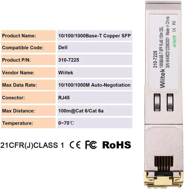 Alt view image 3 of 5 - 1.25G SFP-T, 10/100/1000BASE-T Gigabit Copper SFP, Wiitek SFP to RJ45 Transceivers 100m, Compatible for Dell 310-7225 Ethernet SFP RJ45 Copper Module