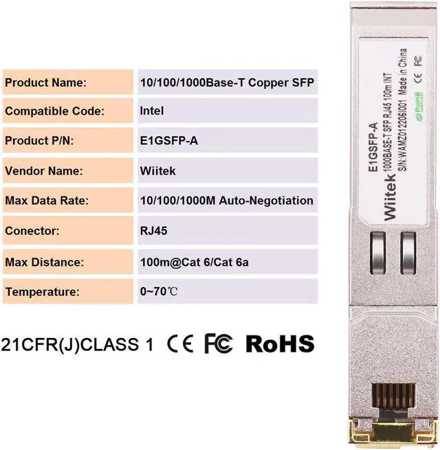 Alt view image 3 of 5 - 1.25G SFP-T, 10/100/1000BASE-T Gigabit Copper SFP, Wiitek SFP to RJ45 Transceivers 100m, Compatible for Intel E1GSFP-A Ethernet SFP RJ45 Copper Module
