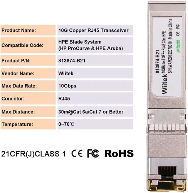 Alt view image 3 of 6 - Wiitek SFP+ to RJ45 Copper Modules, 10GBase-T Transceiver Compatible for HPE Blade System 813874-B21 HPE ProCurve & HPE Aruba(Cat 6a/7 or Better, 30-Meter)