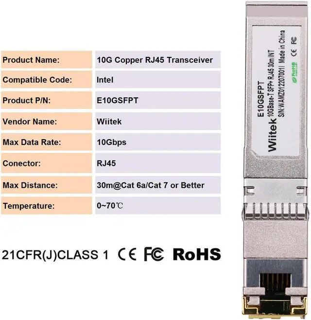 Alt view image 3 of 6 - Wiitek SFP+ to RJ45 Copper Modules, 10GBase-T Transceiver Compatible for Intel E10GSFPT(Cat 6a/7 or Better, 30-Meter)
