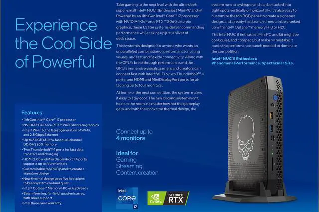 Alt view image 3 of 7 - Intel NUC 11 Enthusiast Kit NUC11PHKi7C Phantom Canyon Home & Business Mini PC Mini Desktop 11th Gen Intel Core i7-1165G7 Upto 4.7GHz,RTX 2060 Graphics,32G RAM,1T SSD
