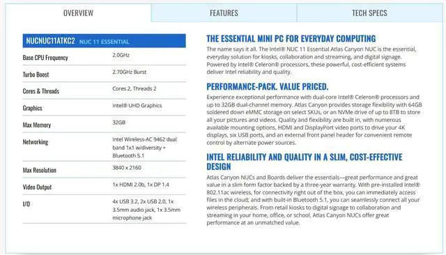 Alt view image 5 of 7 - Intel NUC 11 Essential Atlas Canyon Intel Celeron Processor N4505 NUC11ATKC2 Mini PC 2.0 GHz - 2.9 GHz Burst, 2 core, 2 Thread, 10W,Intel UHD Graphics, 450-750 MHz Burst,8GB RAM / 256GB SSD