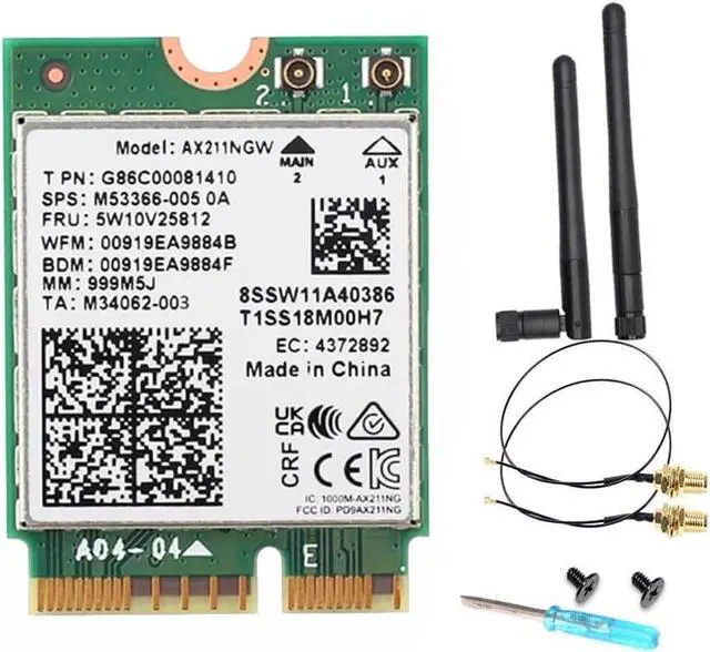 Main image of Intel AX211 WiFi 6E Card, Tri-Band, Up to 2.4 Gbps, M.2 CNVio2, Bluetooth 5.3, Windows 10/11 Linux Compatible