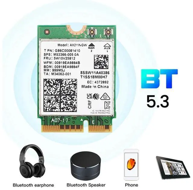Alt view image 2 of 6 - Intel AX211 WiFi 6E Card, Tri-Band, Up to 2.4 Gbps, M.2 CNVio2, Bluetooth 5.3, Windows 10/11 Linux Compatible