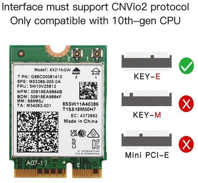 Alt view image 6 of 6 - Intel AX211 WiFi 6E Card, Tri-Band, Up to 2.4 Gbps, M.2 CNVio2, Bluetooth 5.3, Windows 10/11 Linux Compatible