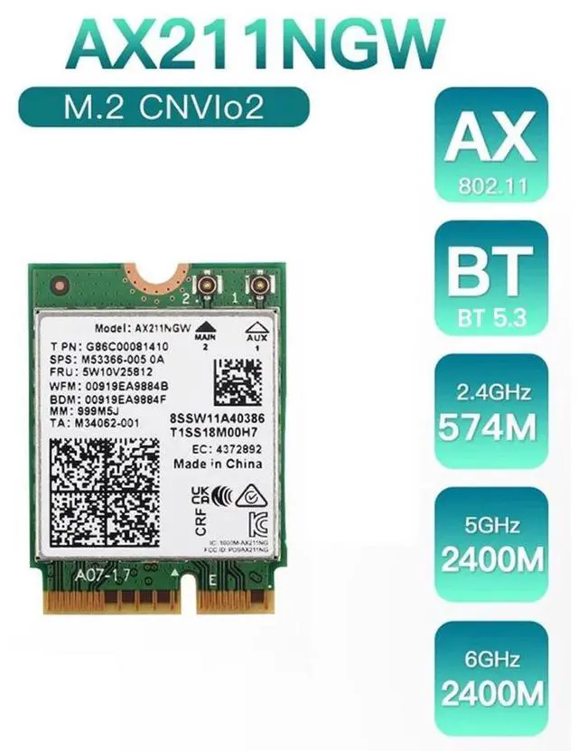 Alt view image 5 of 6 - Intel AX211 WiFi 6E Card, Tri-Band, Up to 2.4 Gbps, M.2 CNVio2, Bluetooth 5.3, Windows 10/11 Linux Compatible