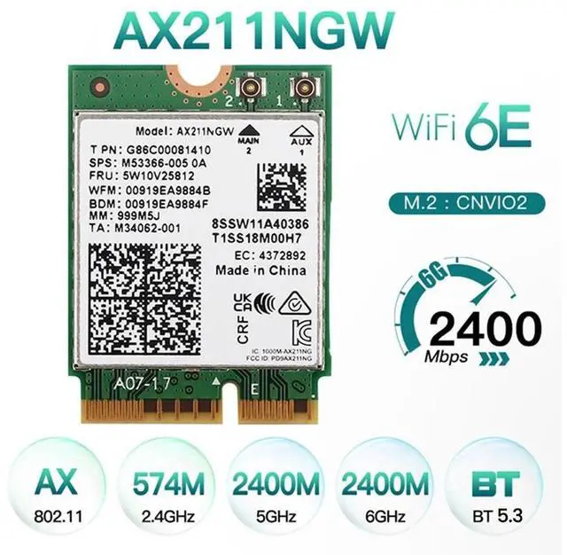 Alt view image 4 of 6 - Intel AX211 WiFi 6E Card, Tri-Band, Up to 2.4 Gbps, M.2 CNVio2, Bluetooth 5.3, Windows 10/11 Linux Compatible