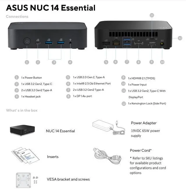 Alt view image 2 of 7 - ASUS NUC 14 Essential NUC14MNK250 Mini PC - Intel N250 IntelGraphics, DDR5-4800, Wi-Fi 6E, Triple 4K Display, 2.5GbE LAN, 0.56L Compact Desktop for Office & Business