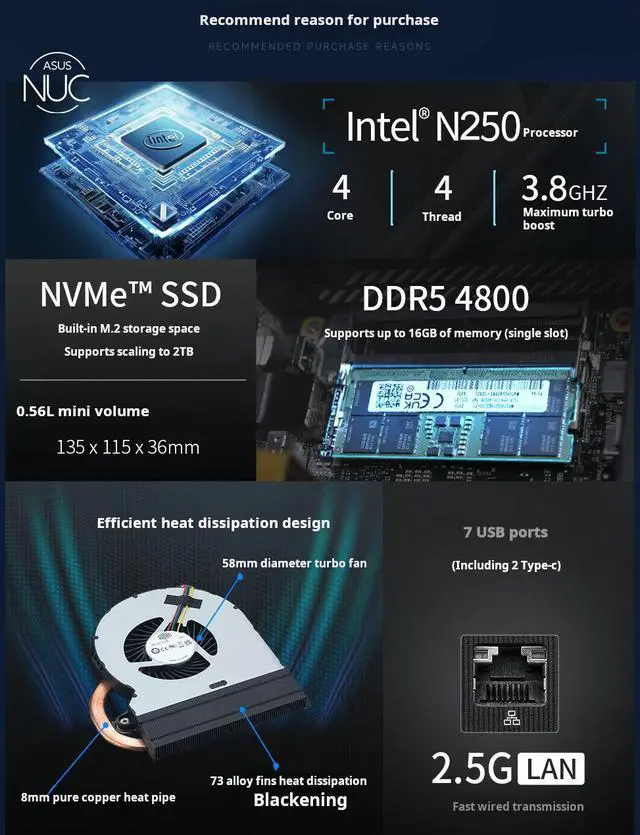 Alt view image 3 of 7 - ASUS NUC 14 Essential NUC14MNK250 Mini PC - Intel N250 IntelGraphics, DDR5-4800, Wi-Fi 6E, Triple 4K Display, 2.5GbE LAN, 0.56L Compact Desktop for Office & Business