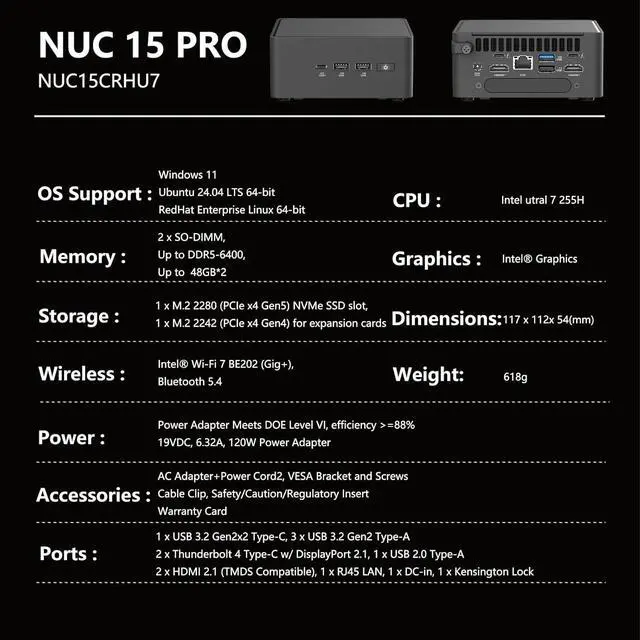 Alt view image 2 of 7 - ASUS NUC 15 Pro Mini-PC NUC15CRHU7 with Intel Core Ultra 7 Processor, Intel Arc Graphics, Thunderbolt 4, Supports Quad 4K Displays, Wi-Fi 7, Bluetooth 5.4, Compact 0.48L Chassis Design