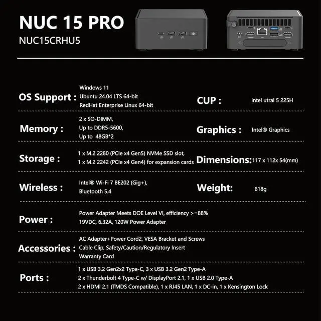 Alt view image 5 of 7 - ASUS NUC 15 Pro Mini PC (NUC15CRHU5)  Intel Core Ultra5 225H,Up to Max 96GB DDR5, Intel Arc Graphics, Wi-Fi 7, PCIe Gen5 SSD  Compact AI Desktop Computer