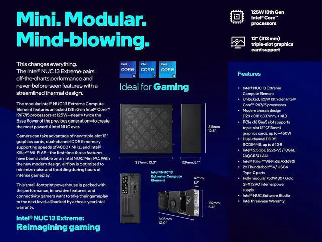 Alt view image 7 of 7 - Intel NUC 13 Extreme Raptor Canyon Mini Gaming PC NUC13RNGi7, 13th Gen Core i7-13700K, 5.4 GHz, 16 Cores, 24 Threads, WiFi 6,Bluetooth 5.2,Intel UHD Graphics 770 32GB DDR5+1TB SSD