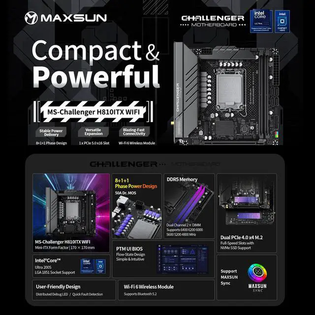 Alt view image 2 of 7 - MAXSUN MS-Challenger H810ITX WIFI Mini-ITX Motherboard, LGA1851, Intel H810, DDR5 6400MHz (OC), PCIe 5.0, 8+1+1 Phase 50A Dr.MOS, Dual M.2 PCIe 4.0, Wi-Fi 6 & Bluetooth 5.2, 4K Quad-Display Support