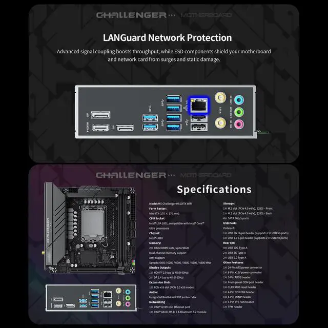 Alt view image 7 of 7 - MAXSUN MS-Challenger H810ITX WIFI Mini-ITX Motherboard, LGA1851, Intel H810, DDR5 6400MHz (OC), PCIe 5.0, 8+1+1 Phase 50A Dr.MOS, Dual M.2 PCIe 4.0, Wi-Fi 6 & Bluetooth 5.2, 4K Quad-Display Support
