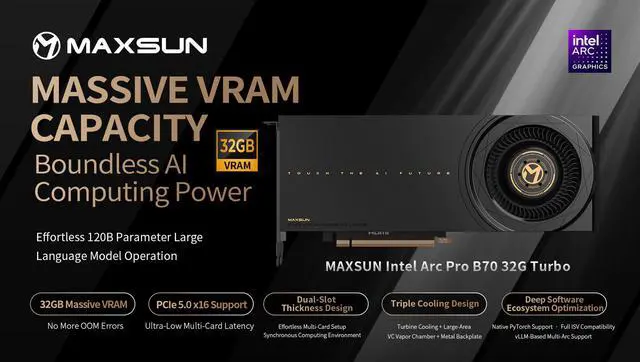 Alt view image 2 of 7 - MAXSUN Intel Arc Pro B70 32G Turbo Workstation Graphics Card 32GB GDDR6, 256-Bit, PCIe 5.0, 4X DP 2.1, Blower Fan, Vapor Chamber Cooling, Xe2-HPG Architecture for AI & Rendering