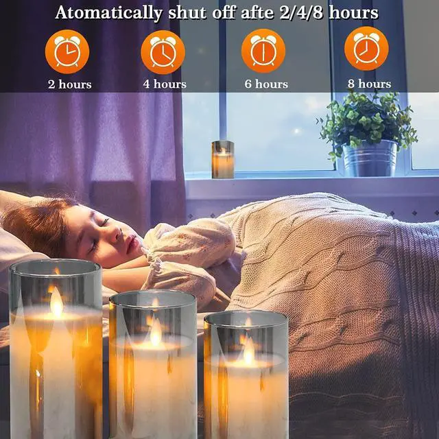 Alt view image 5 of 7 - Goldprice LED Candles Flameless Candles 4"5"6" Set of 3 Real Wax Light, Battery Operated Candles Glass Pillars Realistic Flickering Wick Flame Mode, Lantern Candles with Remote Control 24 Hour Timer