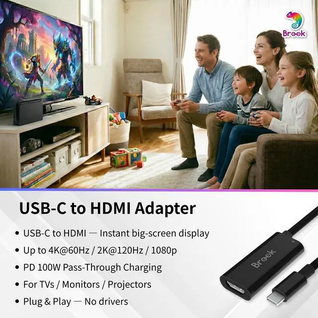 Alt view image 2 of 5 - Brook USB-C to HDMI Adapter 4K 60Hz with 100W PD Charging, USB Type-C to HDMI Converter for Switch and Switch 2, Steam Deck, ROG Ally, Laptop, Tablet & Monitor, Plug and Play