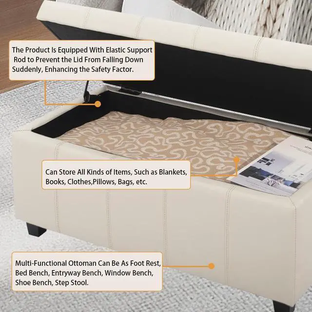 Alt view image 5 of 7 - CangLong 36 Inch Damara Lift-Top Storage Ottoman Bench with Faux-Leather Upholstery, Upholstered Foam Padded Rectangular Footstool, Easy Assemble Furniture ,Cream